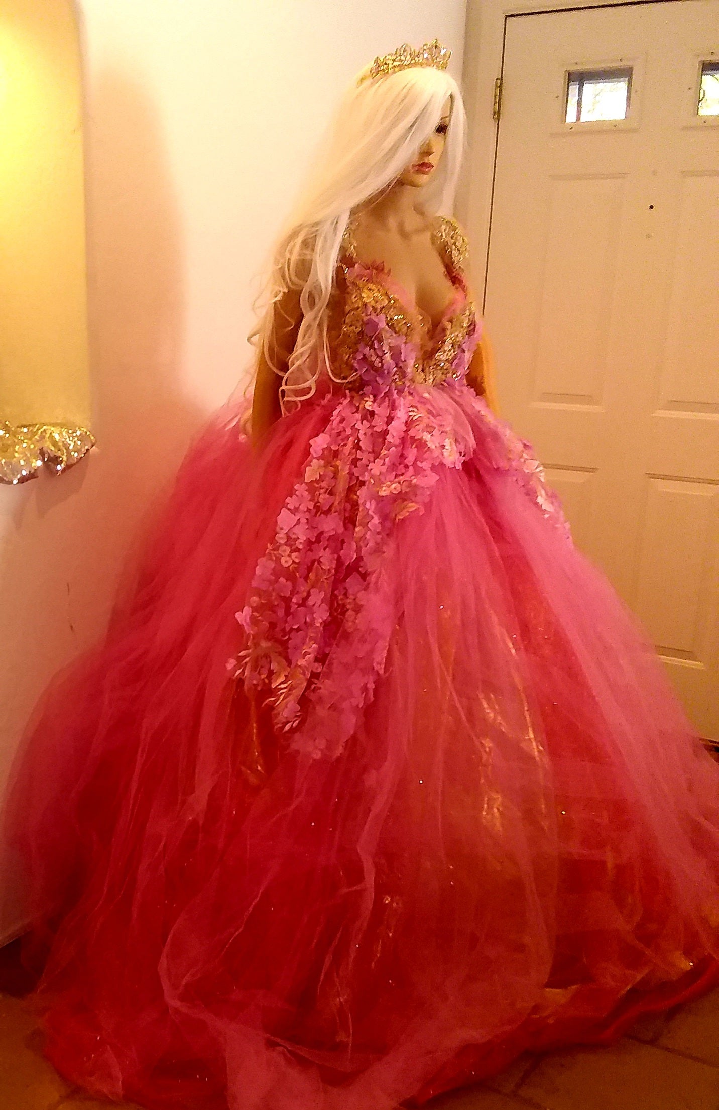 "HOPE" Pink & Gold Embroidered 3D Lace Crystal Beaded Wedding Ballgown Set