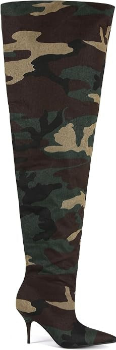 Sexy Green & Brown Camouflage Slouchy Thigh Boots