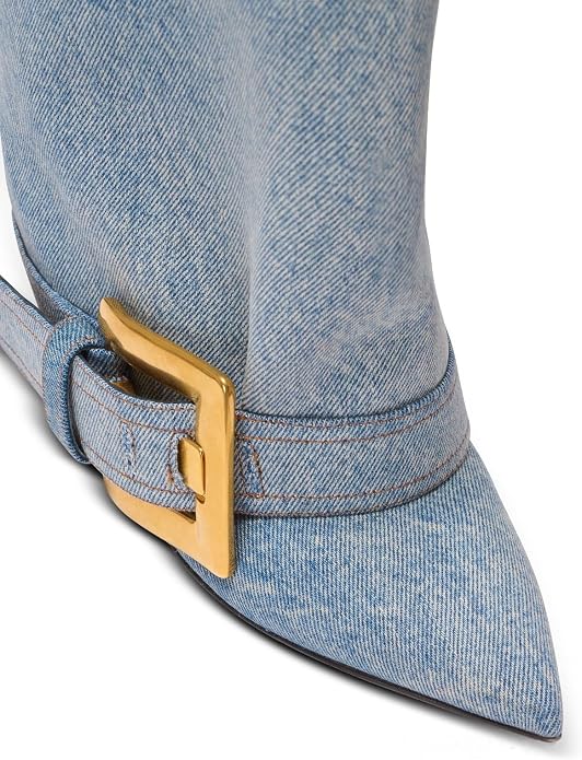 Chic Light Wash Blue Denim Foldover Buckle Detail Knee Boots