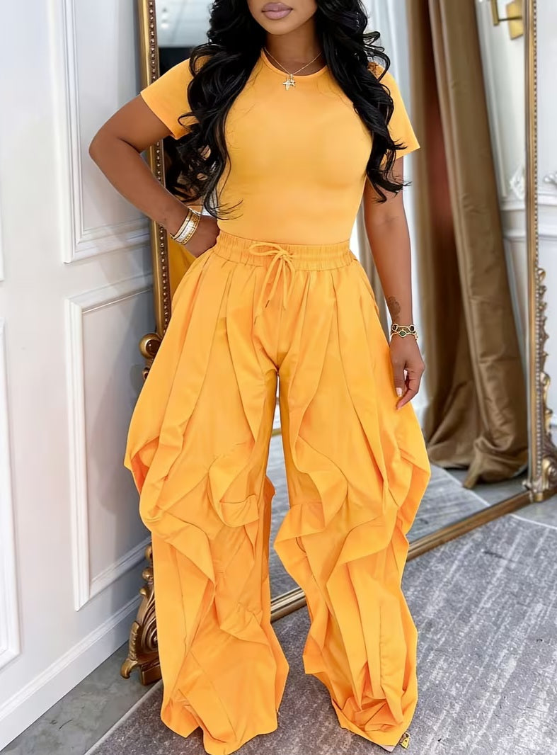 Luxe Orange Gold Ruffled Boho Flowy Wide Leg Pants