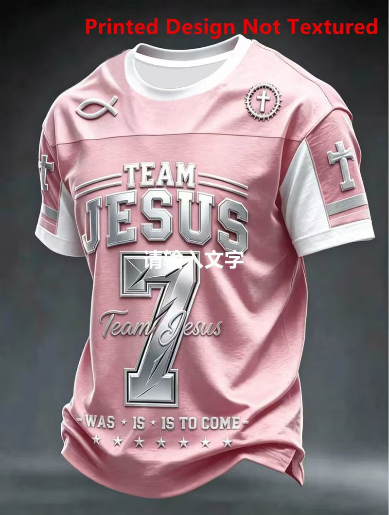 Inspirational "TEAM JESUS" Christian Printed Graphic Soft Pink & White Scripture Short Sleeve Football Jersey