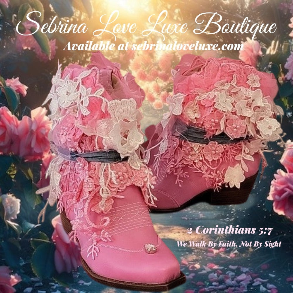 "OAKLEE" Pink & White Lace Western Ankle Boots