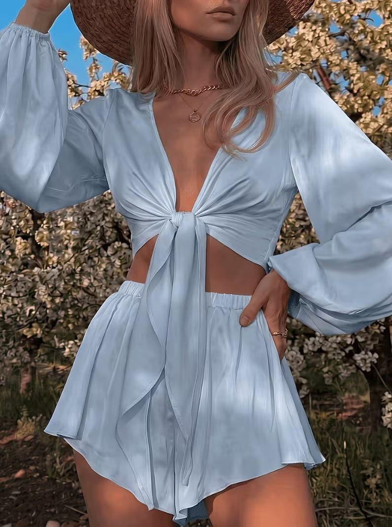 Flirty Powder Blue Tie Front Crop Top & Floaty Shorts Set