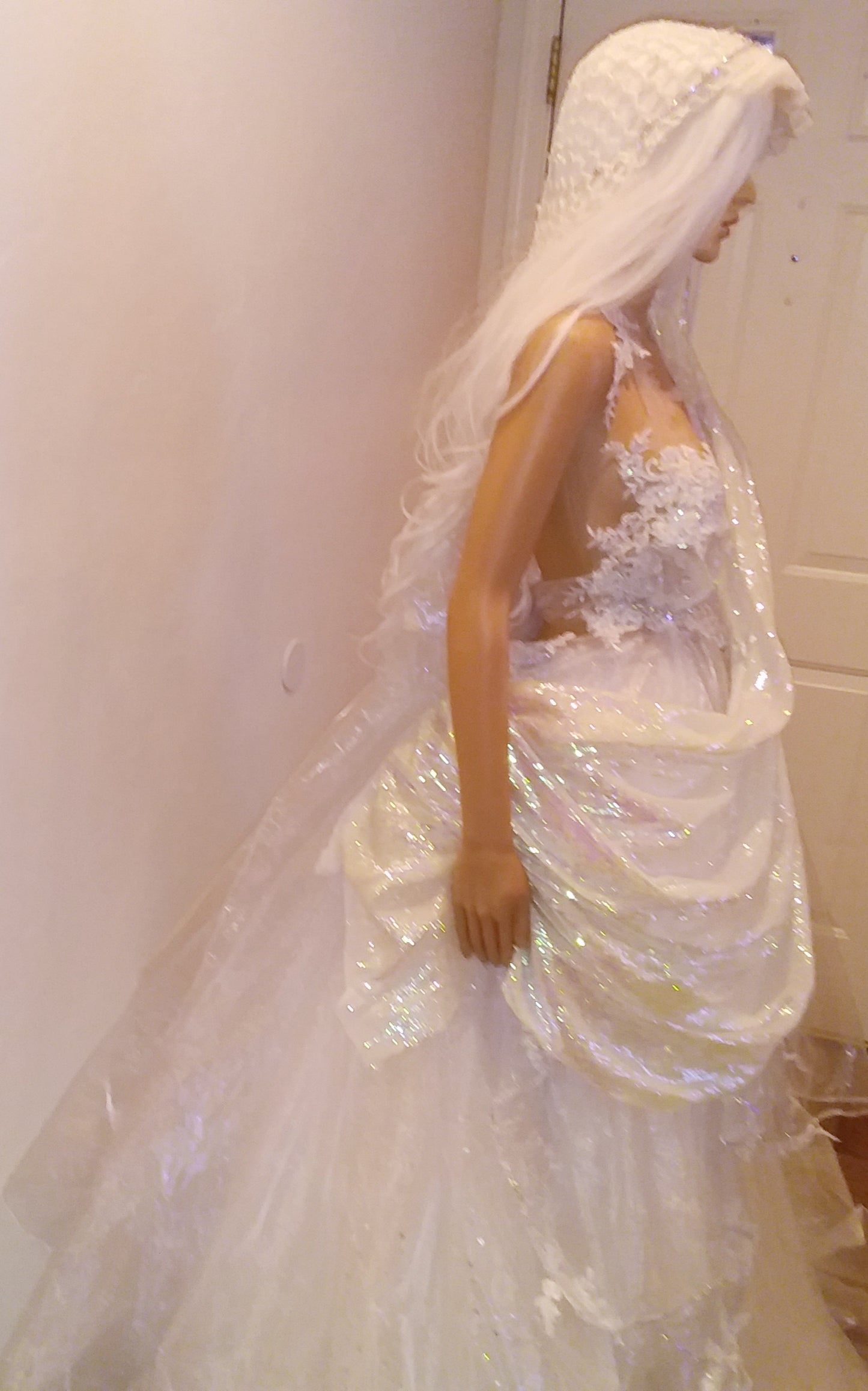 Exotic "ANIKA" White Lace & Tulle Sequin Lehenga Saree Wedding Ballgown Set