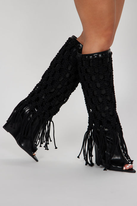 Rich Deep Black Boho Festival Macrame' Knee Boots
