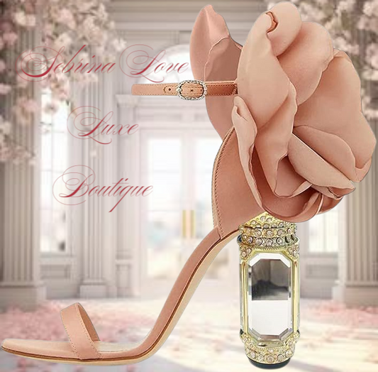Romantic Blush Flower Embellished Bejeweled Ankle Strap Heels