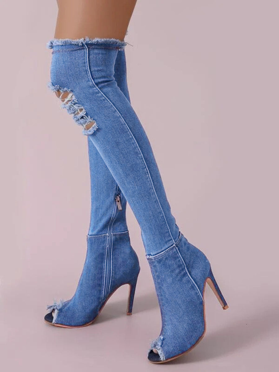 Sexy Boho Peeptoe Distressed Denim Over The Knee Boots