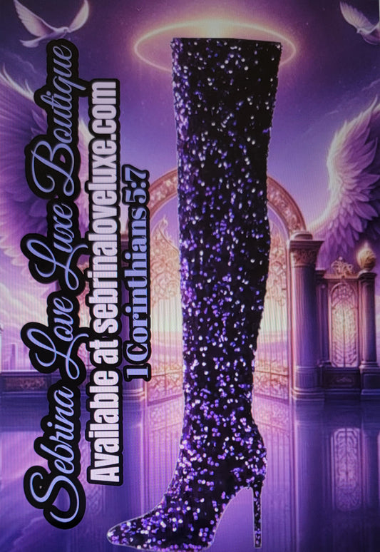 Luxe Purple Sparkly Sequin Thigh Boots
