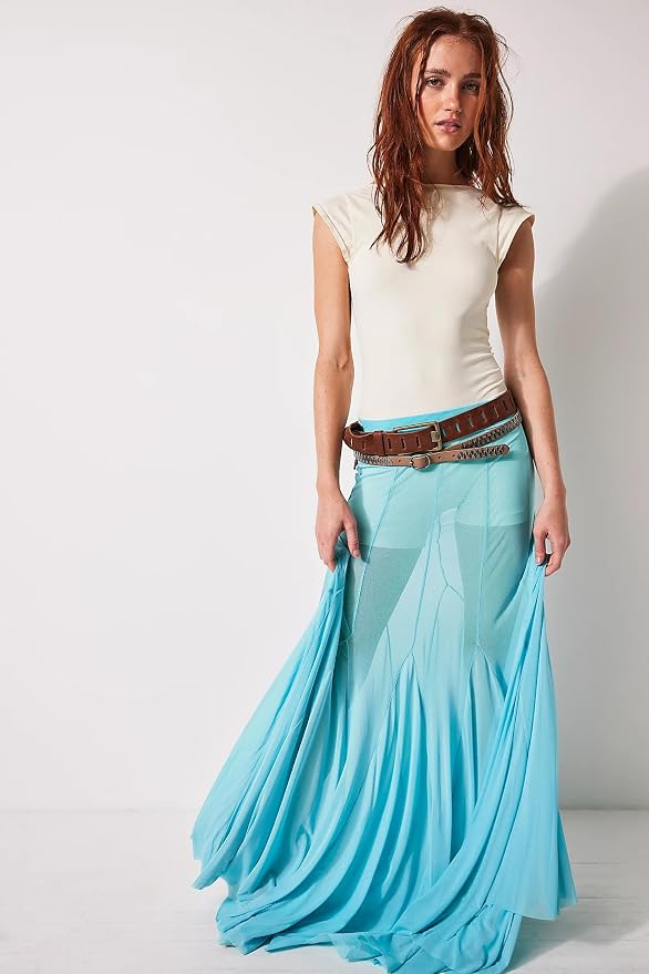 Chic Light Ocean Blue Sheer Powermesh Maxi Skirt