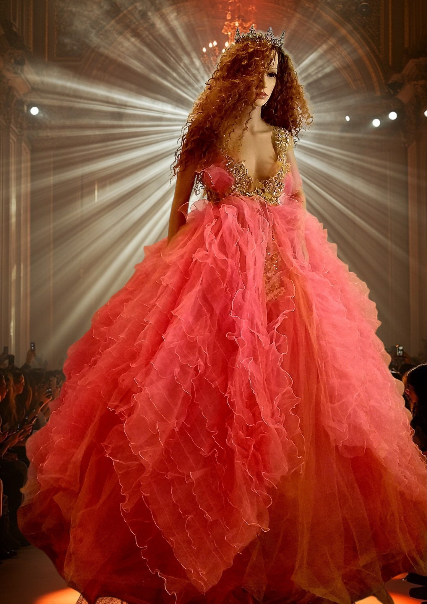 🌺LEXINGTON🌺 Coral & Gold Embroidered Lace Organza Wedding Ballgown Set