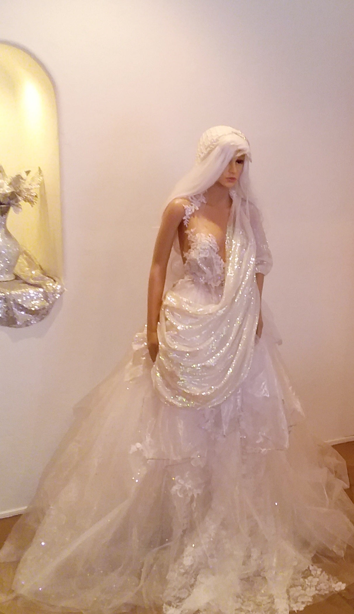 Exotic "ANIKA" White Lace & Tulle Sequin Lehenga Saree Wedding Ballgown Set