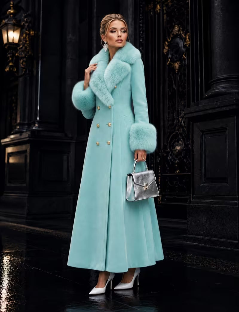 Luxe Ocean Aqua Blue Mint Green Faux Fur Trim Midi Coat