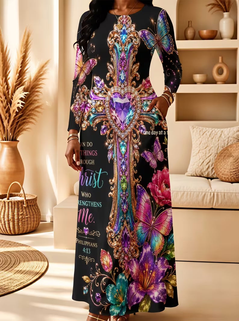 "I CAN DO ALL THINGS THROUGH CHRIST" Black & Pink Multicolor Inspirational Scripture Maxi Dress