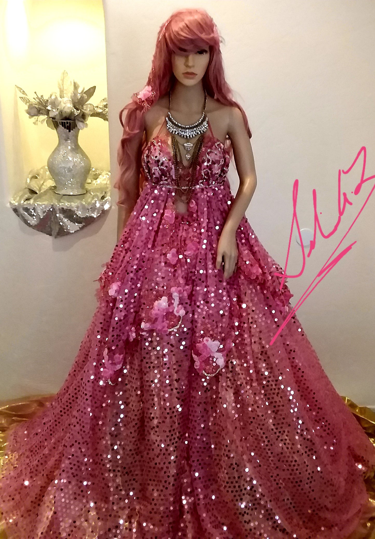 The "SHAYLA" Hot Pink Sequin Lace Crystal Wedding Ballgown Set