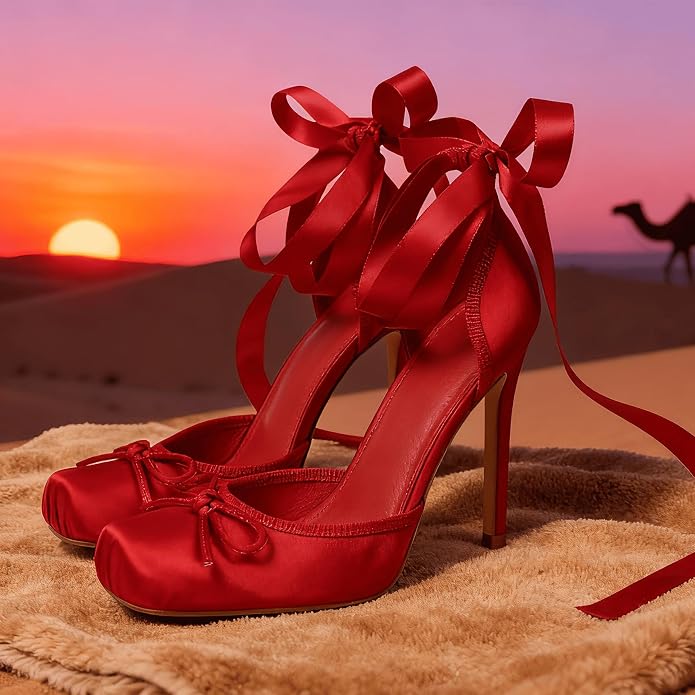 Romantic Red Satin Ribbon Ankle Tie Ballerina Heels