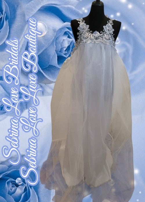"HEAVENLY" White & Ice Blue Lace & Sequin & Tulle Wedding Ballgown & Headpiece Set