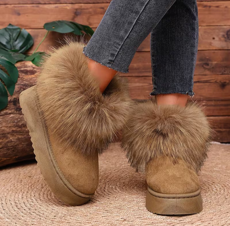 Khaki Tan Faux Fur Trim Outdoor Winter Boots