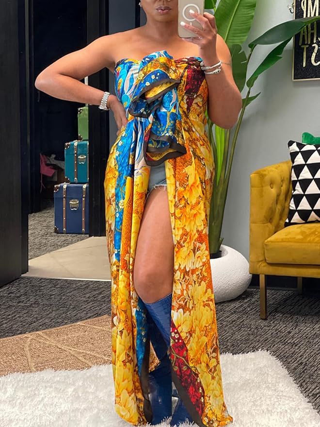 Exotic Orange,Gold & Blue Multicolor Kimono Robe Duster Maxi Coat