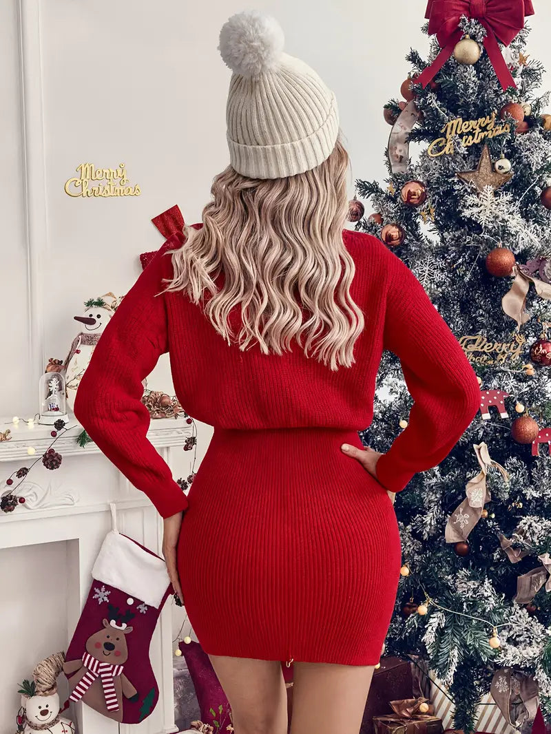 Festive Red & White Merry Christmas Holiday Bodycon Sweater Dress