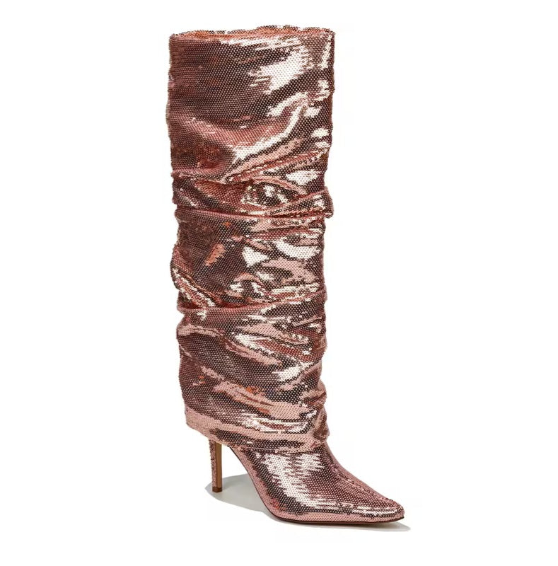 Sexy Metallic Rose Gold Sparkly Slouchy Knee Boots