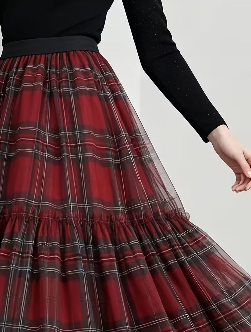 Gothic Flowy Red Plaid Tulle Tiered Midi/Maxi Skirt