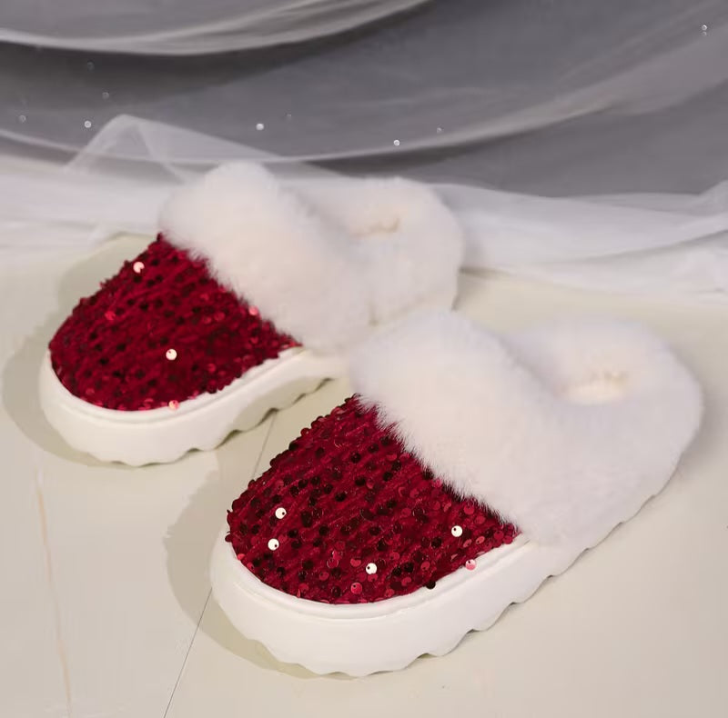 Stylish Red Sequin Velvet White Faux Fur Trim Winter Slippers