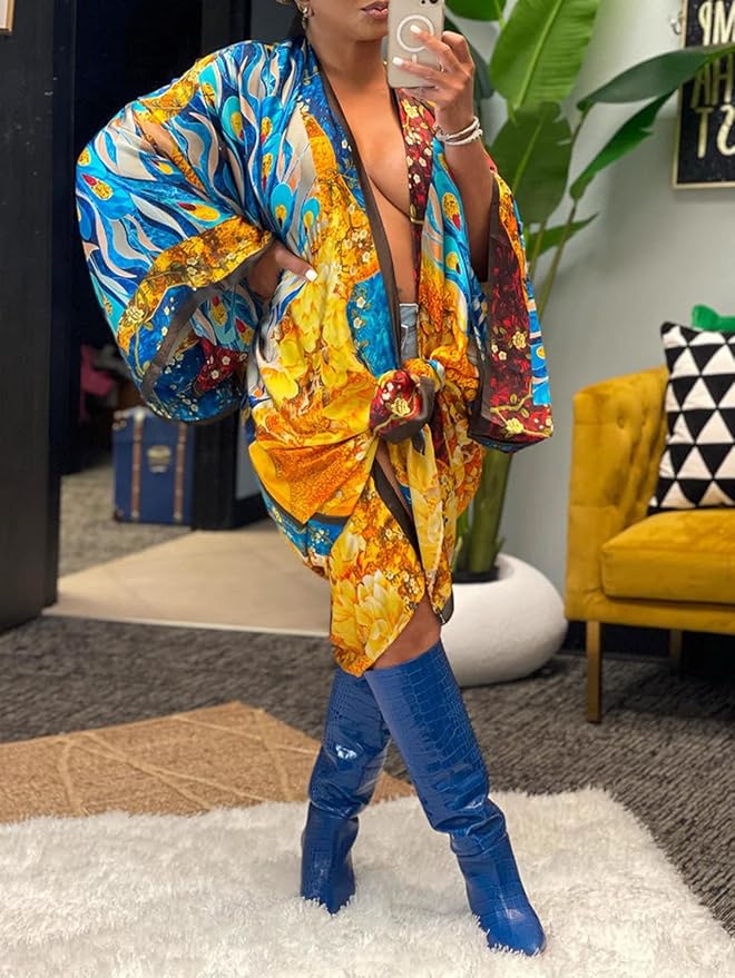 Exotic Orange,Gold & Blue Multicolor Kimono Robe Duster Maxi Coat