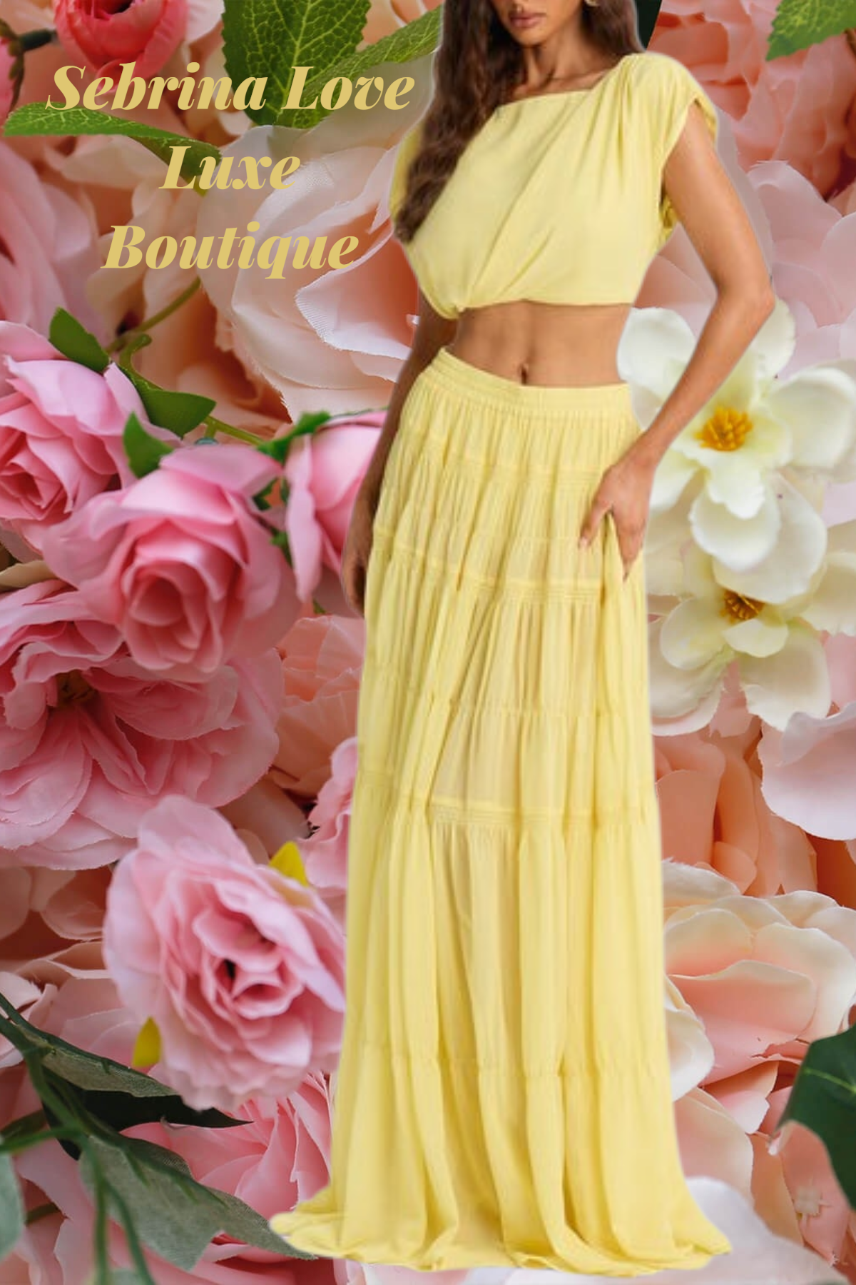 Romantic Yellow Chiffon Plus Crop Top & Maxi Skirt Dress Set
