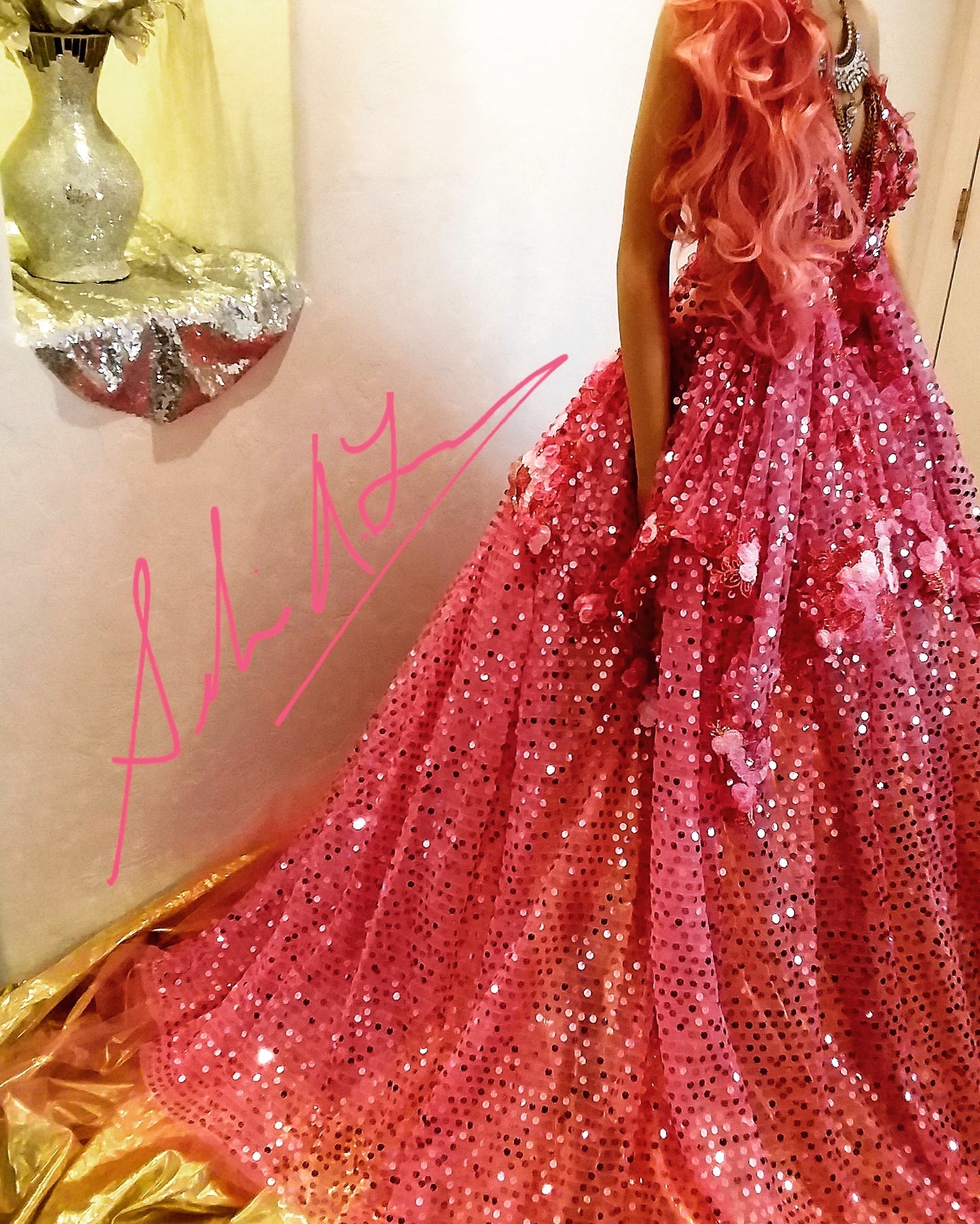 The "SHAYLA" Hot Pink Sequin Lace Crystal Wedding Ballgown Set