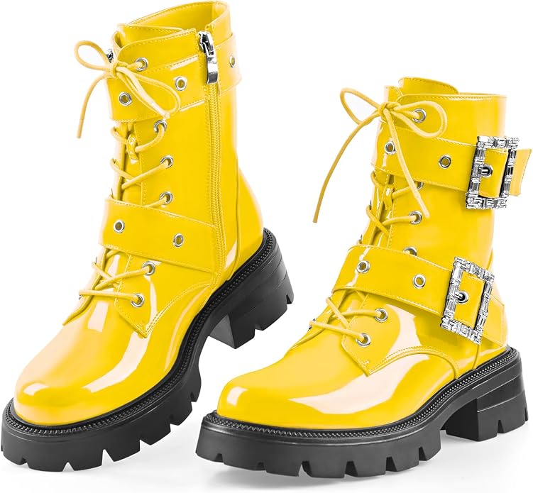 Cool Vibrant Yellow Gold Buckle Detail Round Toe Combat Ankle Boots