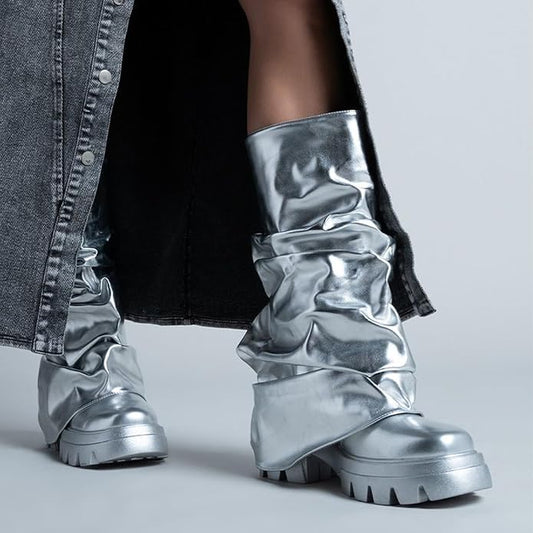 Metallic Silver Lug Style Foldover Chunky Slouchy Boots