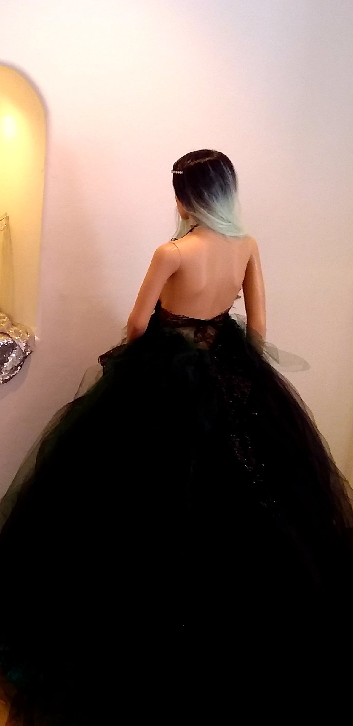 "ESPERANZA" Gothic Romance Black & Green Sequin Lace Tulle 3D Rosette Wedding Ballgown Set (SAMPLE GOWN SET)