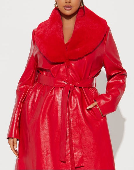 Luxe Red Faux Leather Faux Fur Trim Maxi Coat