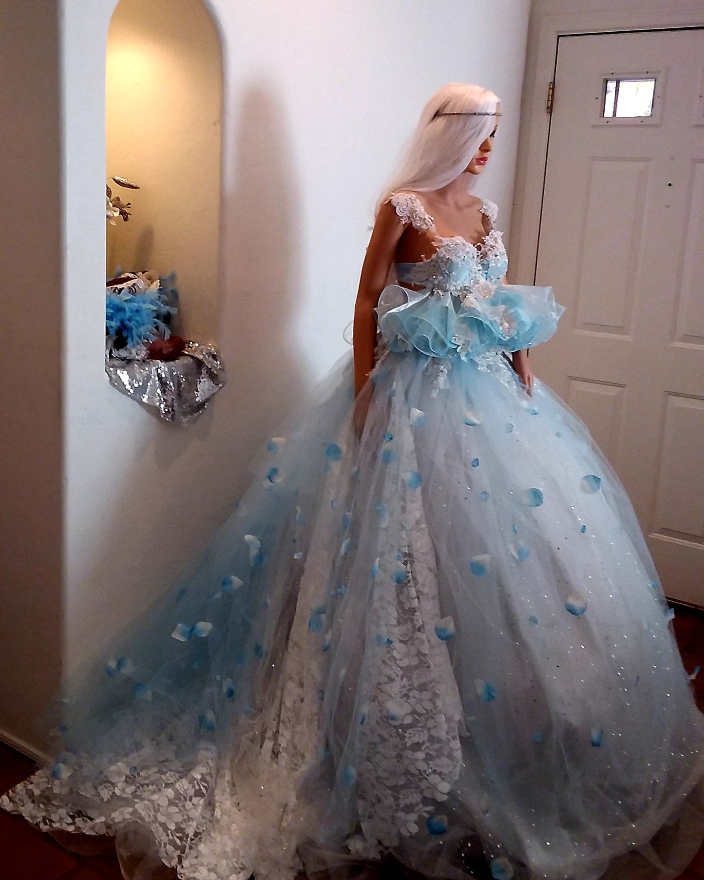 "SERENITY" Blue & White Lace, Organza & Tulle Wedding Ballgown Set