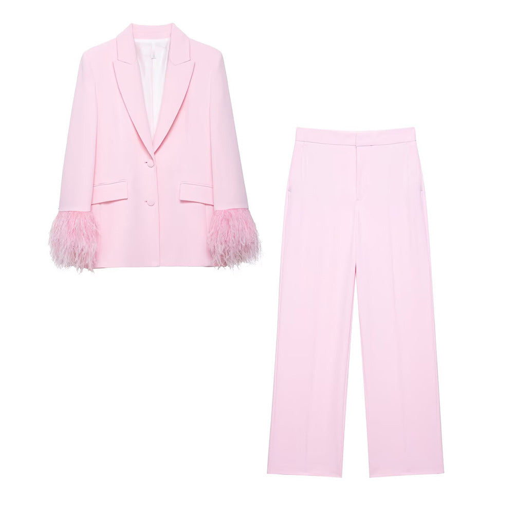 Beautiful Baby Pink Feather Cuff Blazer Jacket & Pants Suit Set