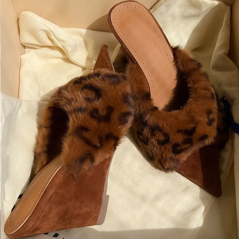 Elegant Taupe & Black Animal Print Faux Fur Wedge Mules