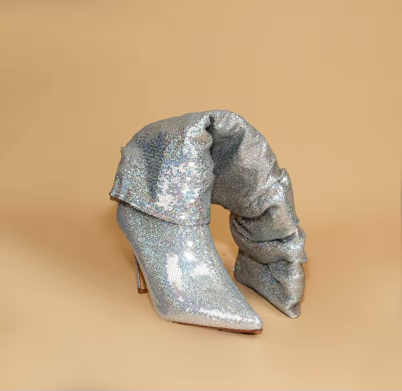 Sexy Metallic Silver Sparkly Slouchy Knee Boots