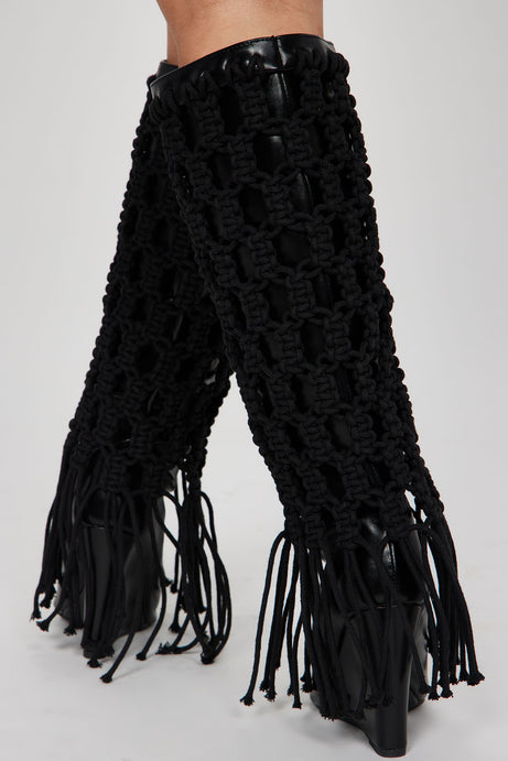 Rich Deep Black Boho Festival Macrame' Knee Boots