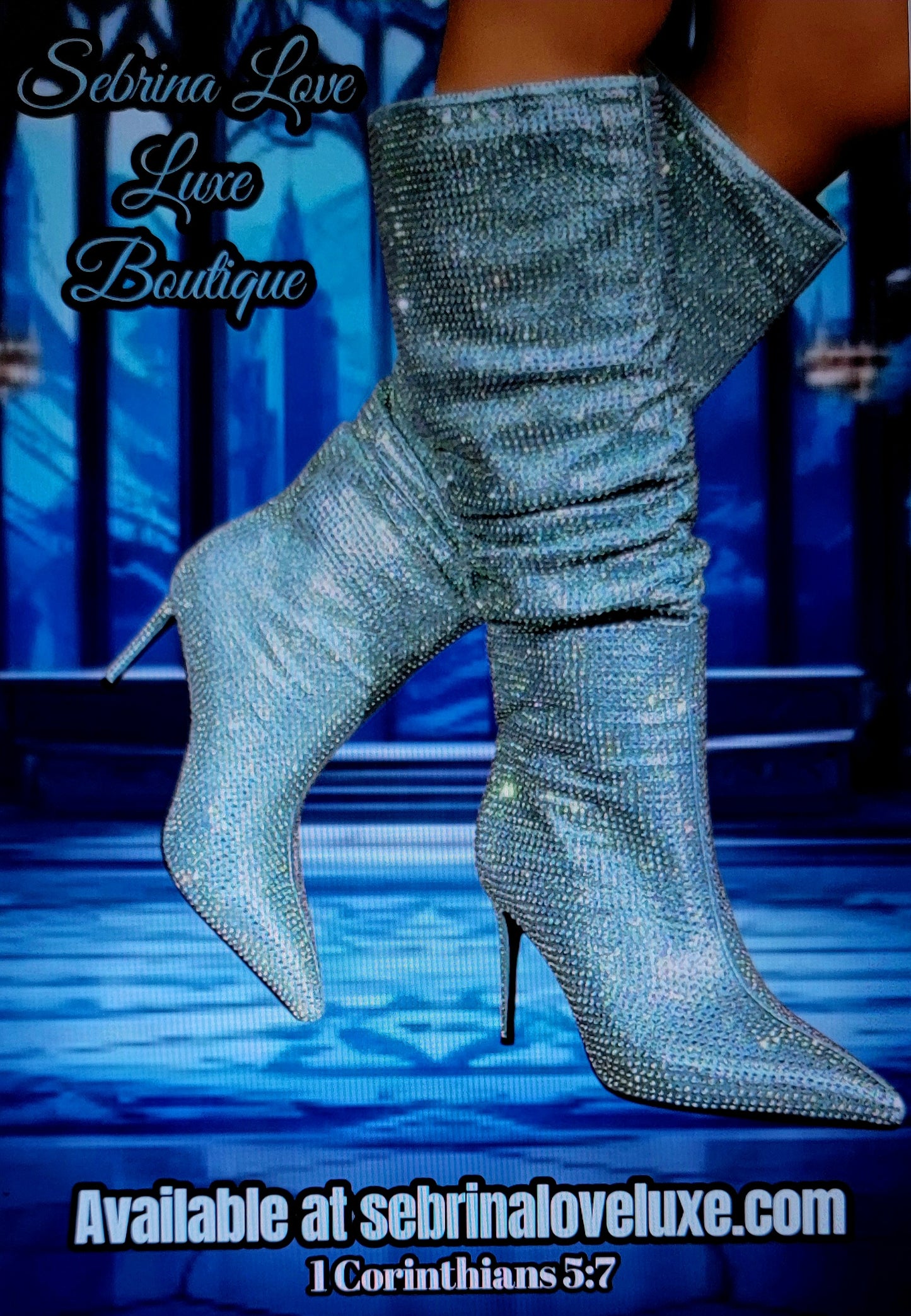 Light Blue Rhinestone Crystal Diamante Knee Boots (PRE-ORDER)
