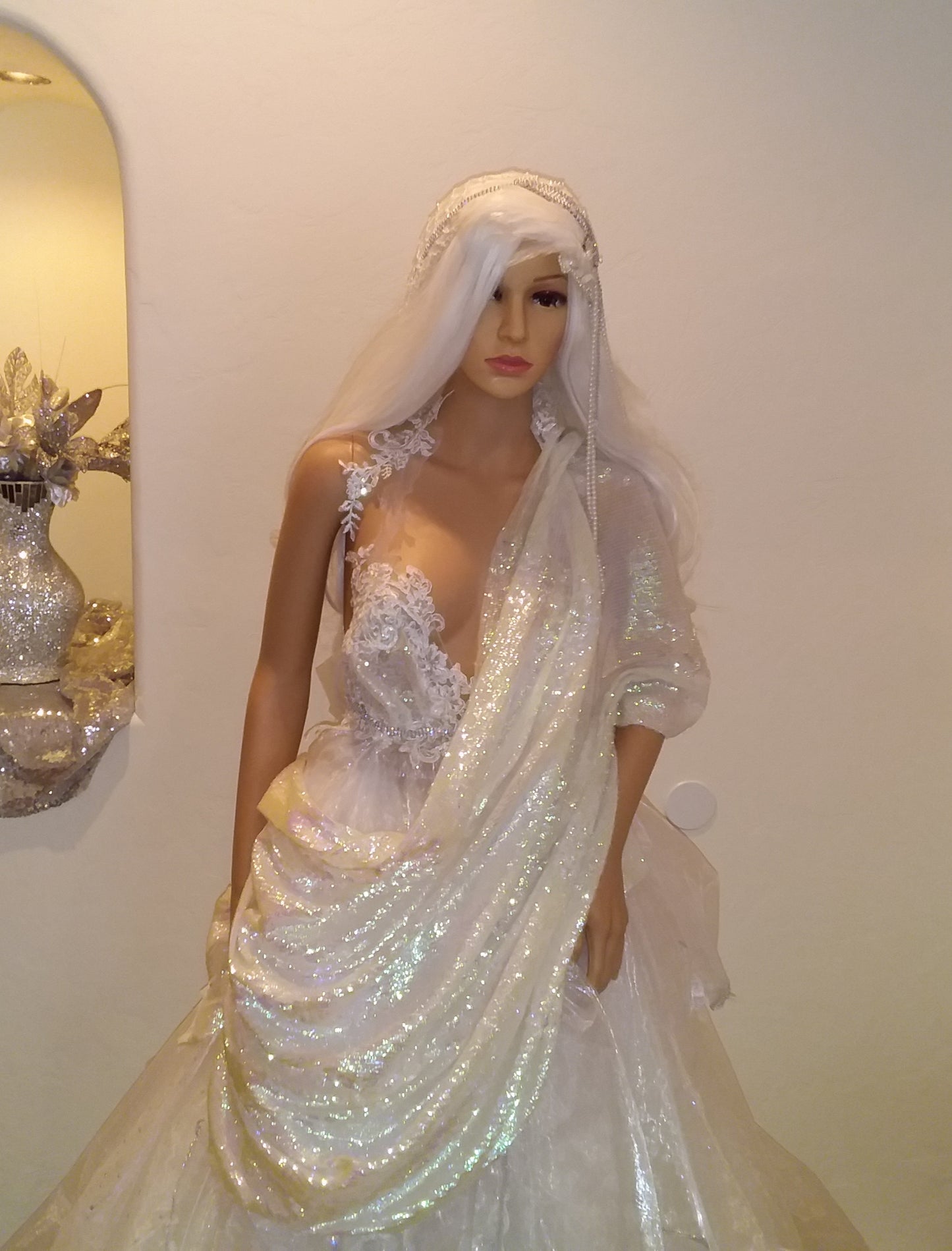 Exotic "ANIKA" White Lace & Tulle Sequin Lehenga Saree Wedding Ballgown Set