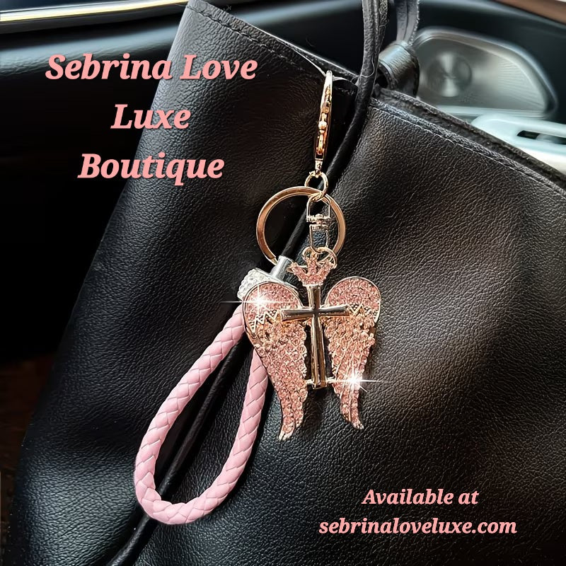 Beautiful Christian Pink Rhinestone Crystal Angel Wings & Cross Key Chain