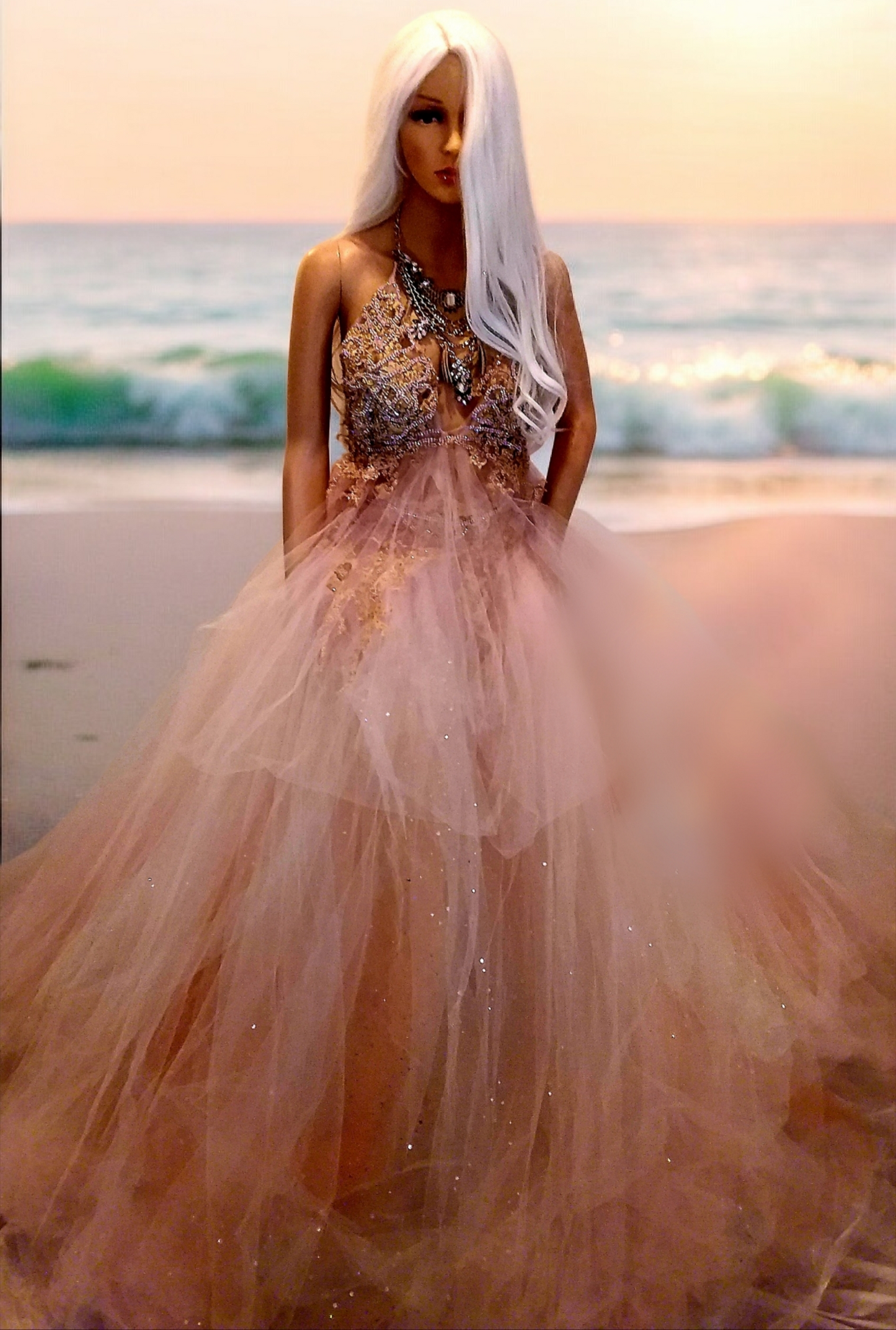 "ANNABELLA"Boho Blush Lace & Tulle Wedding Ballgown Set