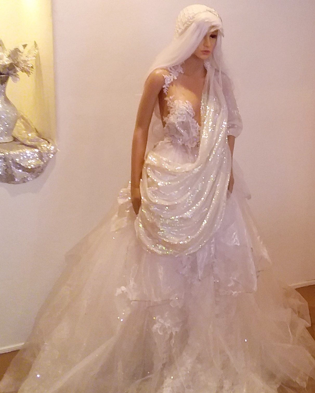 Exotic "ANIKA" White Lace & Tulle Sequin Lehenga Saree Wedding Ballgown Set