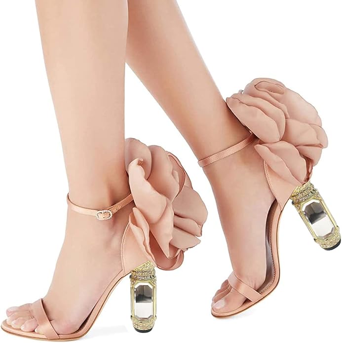Romantic Blush Flower Embellished Bejeweled Ankle Strap Heels