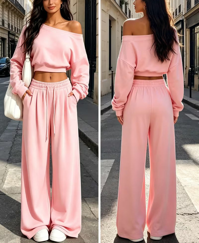 Cozy Soft Pink Cropped Hoodie & Wide Leg Jogger Set