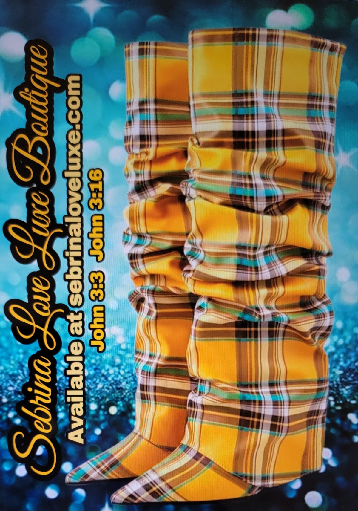 Chic Yellow Gold Scotland Inspired Plaid Foldover Slouchy knee Boots (PRE-ORDER)