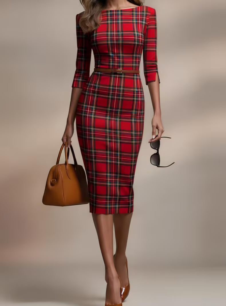 Chic Red & Black Royal Stewart Plaid Bodycon Midi Dress