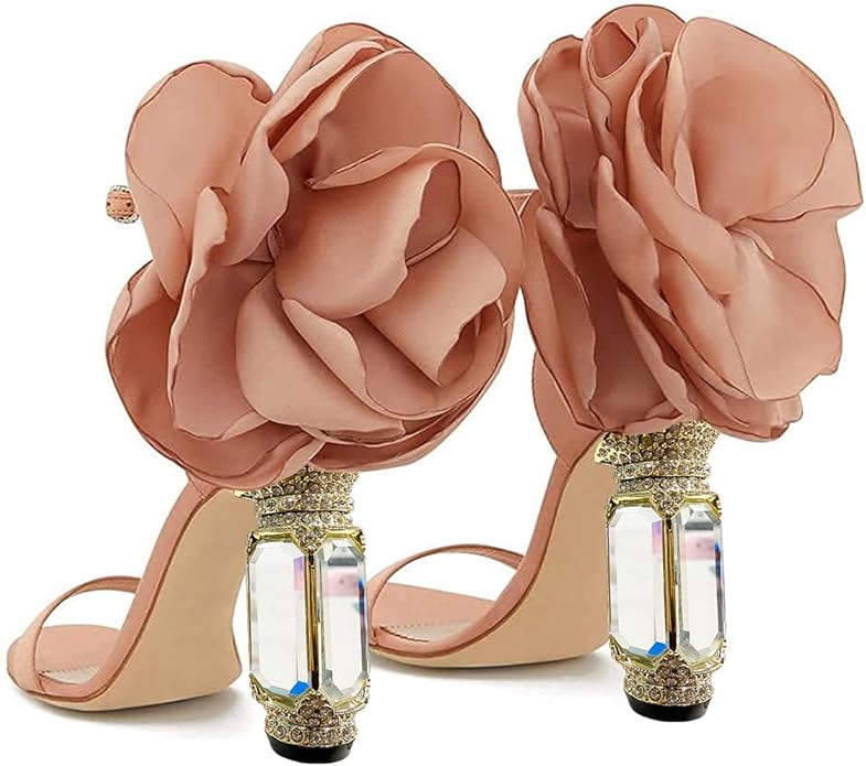 Romantic Blush Flower Embellished Bejeweled Ankle Strap Heels