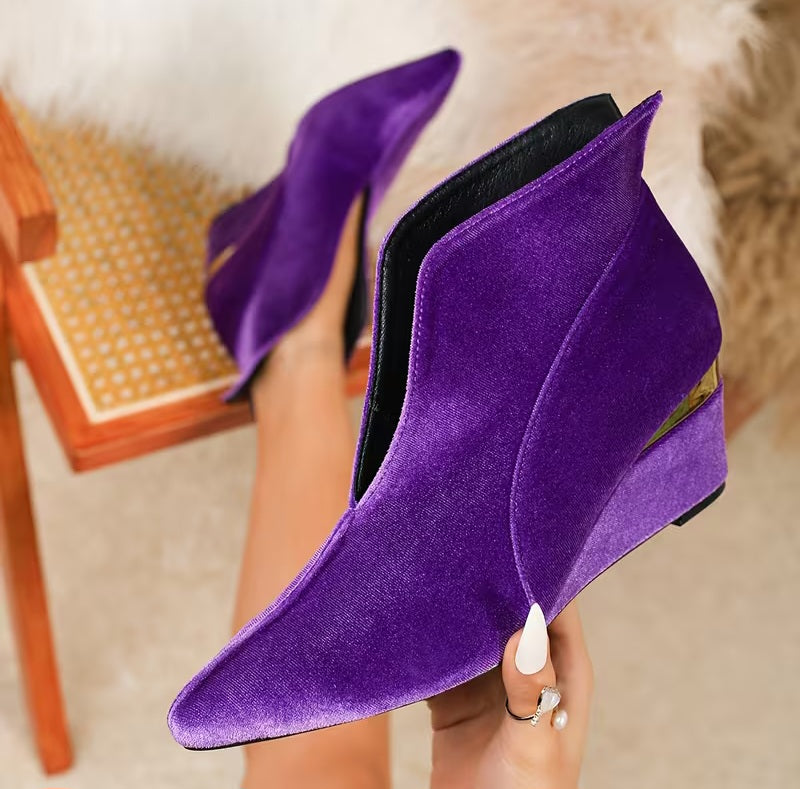 Chic Royal Purple Velvet Metallic Gold Detail Wedge Ankle Booties