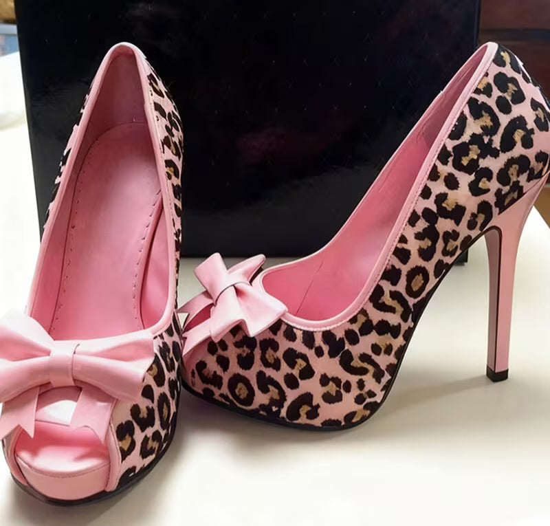 Chic Black Tan & Pink Leopard Print Peeptoe Bow Detail Platform Court Heels